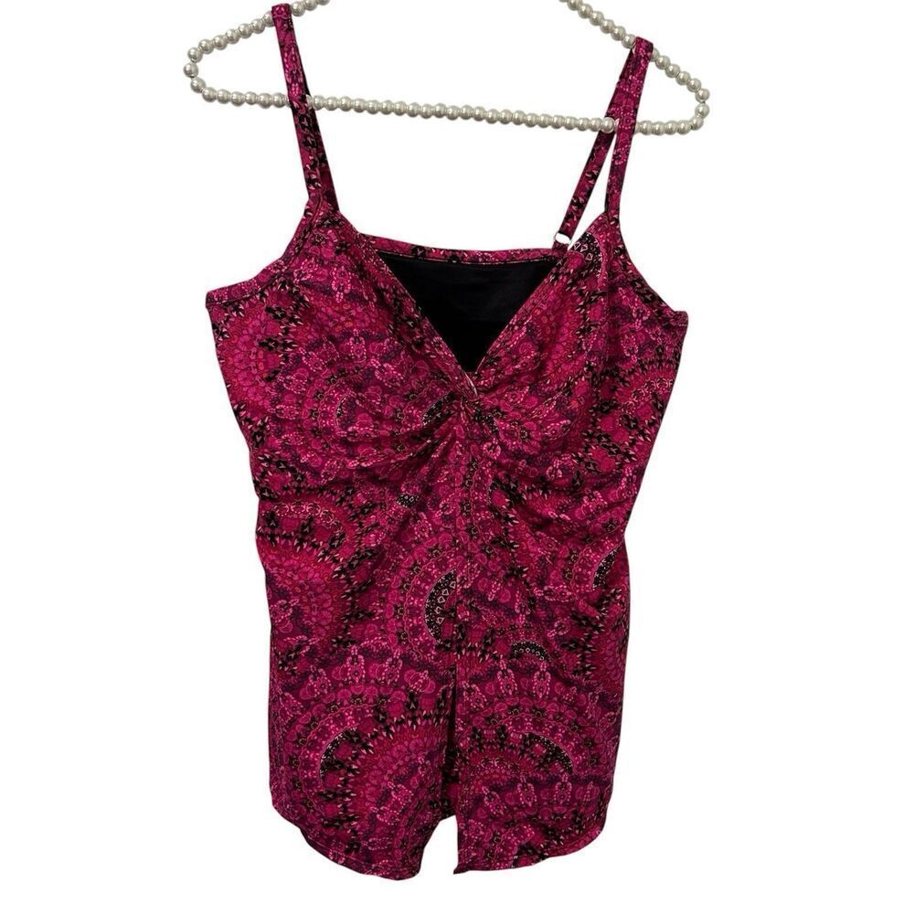 Miraclesuit Swim Tankini Top Womens 14 Pink Geometric Print Coastal Beach Cruise